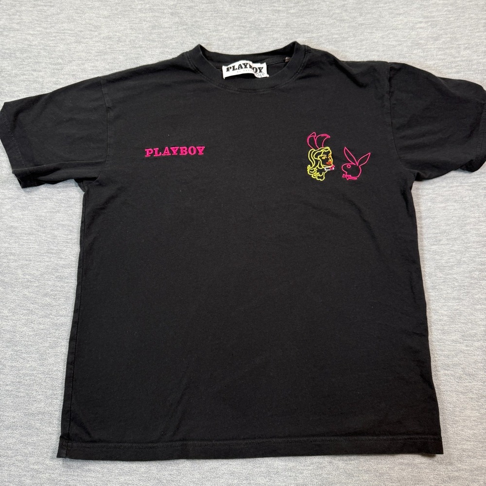 Playboy T-Shirt Men Small Black Graphic Short Sleeve Neon Bunny‎ Logo PacSun
